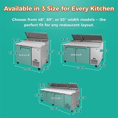 93″ Commercial Pizza Prep Table w/ 31Cu.Ft Built-in Refrigerator & Cold Storage