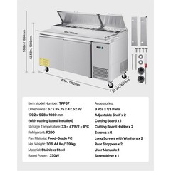 Uimoso Stainless Steel Double-Door Refrigerated Prep Table for Pizza