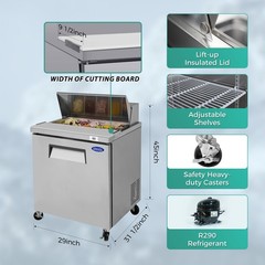 29″ Commercial Sandwich Salad Prep Table w/ Refrigerator & Cutting Board 8 Cu.Ft