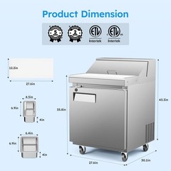 NEW 27″ Commercial Refrigerated Prep Table Cooler Salad Sandwich Pizza NSF 110V