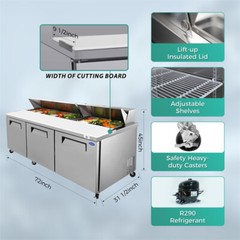 72″ Commercial Prep Table Refrigerator 3 Door 21 Cu.ft Stainless Steel Mega Top