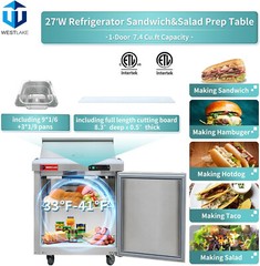 Mega Top Sandwich Salad Prep Table, 27″ 1 Door Refrigerated Prep Table, 12 Pans