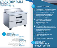 NEW 2 Drawer 36″ Refrigerated Mega Top Prep Table NSF Dukers DSP36-15M-D2 #4039