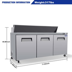 72″ Sandwich Prep Table Commercial Salad Food Refrigerator 3-Door ETL Certified