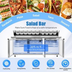 Sandwich Prep 72″ Table Salad Refrigerator Prep for Kitchen Bars 3 Doors 18 Pans