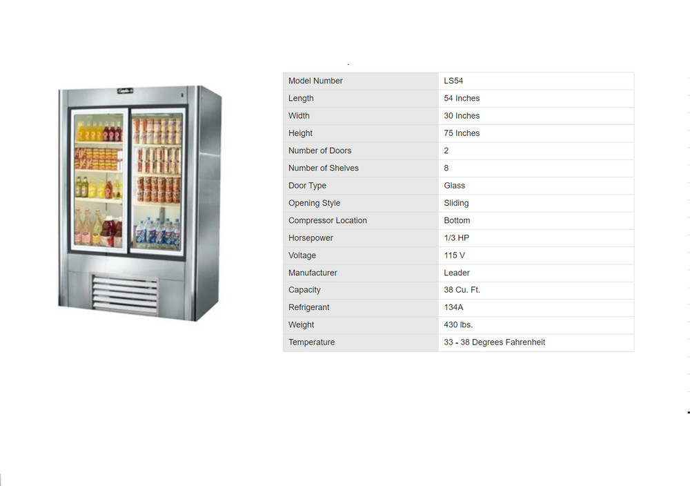 Leader LS54, 54x30x75-Inch Refrigerated Soda Merchandiser, Double Sliding Glass