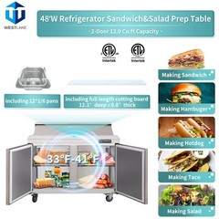 Stainless Steel 48′ 2-Door Salad Sandwich Prep Table Refrigerator 12 Pans
