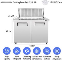 48” Commercial Refrigerated Salad Sandwich Prep Table 2 Doors 13.8 cu.ft ETL