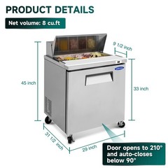 29″ Commercial Sandwich Prep Table Refrigerator -8 Cu.Ft One Door with 8 Pans