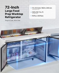VEVOR 72″ Commercial Refrigerated Sandwich Prep Workable 3 Door Stainless Steel