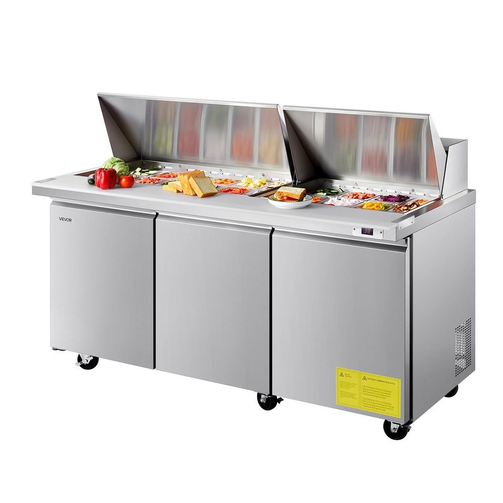 VEVOR 72″ Mega Top Commercial Refrigerated Sandwich Prep Station 3 Door w/30 Pan