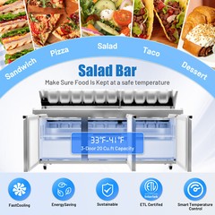 Salad Sandwich Prep Table 72” Refrigerated Prep Table 30 Pans Stainless Steel