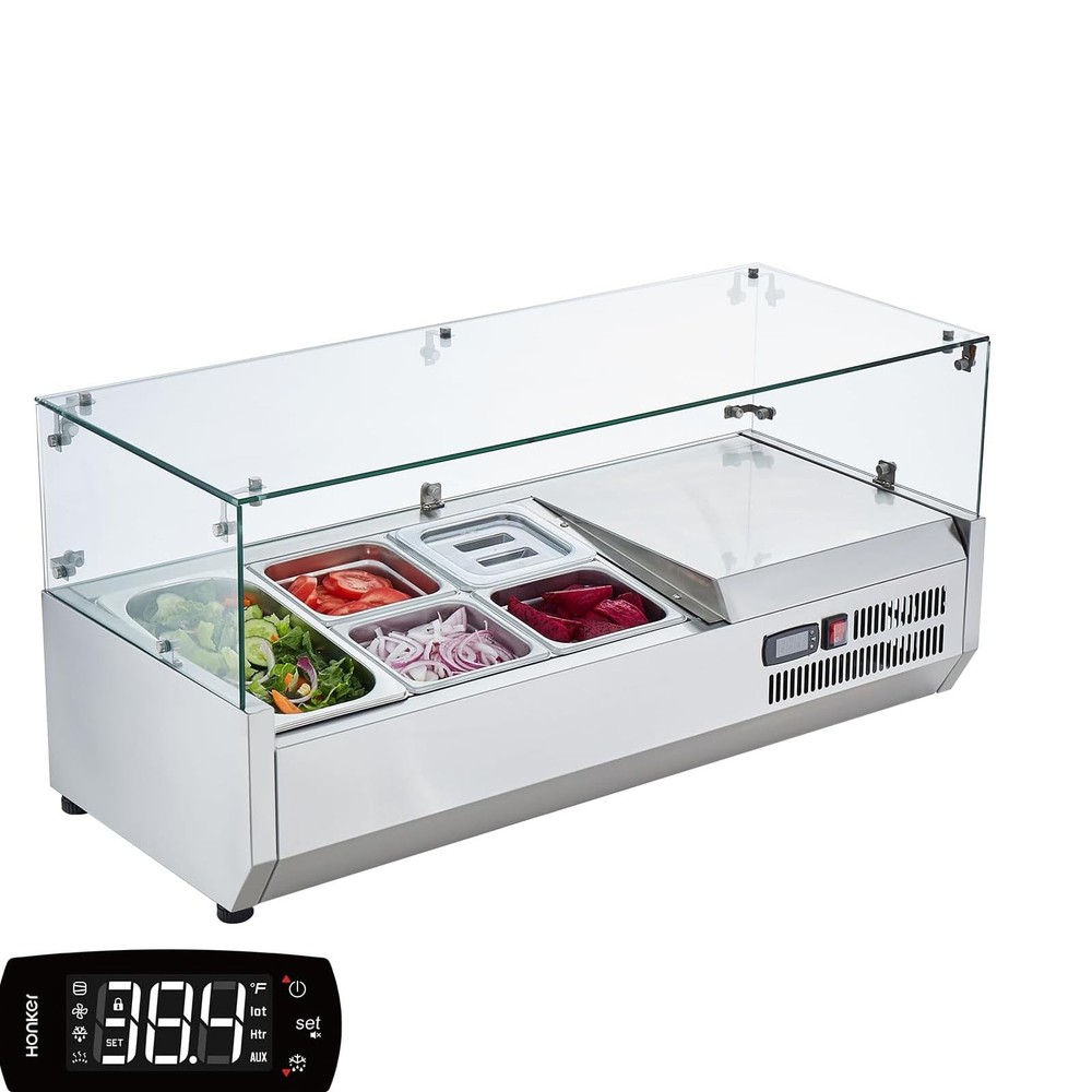 38” Refrigerated Condiment Prep Station w/ Glass Guard, 1/3+4×1/6 Pans, ETL CE