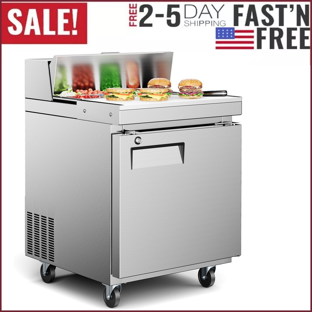 Stainless Steel 27′ Commercial Salad Sandwich Prep Table Refrigerator 8 Pans