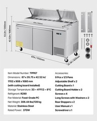 VEVOR Commercial Refrigerated Pizza Prep Table StainlessSteel Fridge Double Door