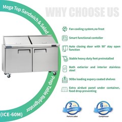 60″ Mega Top Sandwich Prep Table, ICECASA 3 Door Food Bain Marie Cooler, 24 Pans