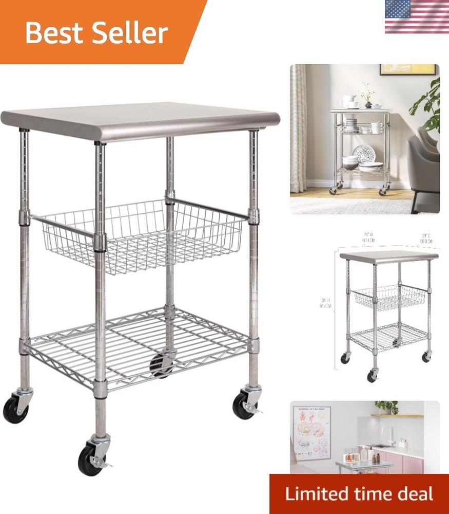 Heavy-Duty Stainless Steel Mobile Workstation with Adjustable Shelf – 24″ x 20″