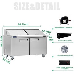 60″ Mega Top Sandwich Prep Table, ICECASA 3 Door Food Bain Marie Cooler, 24 Pans