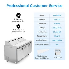 72″ Countertop Refrigerated Condiment Salad Pizza Prep Station with Glass Guard