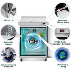 29″ Commercial Sandwich Prep Table Refrigerator -8 Cu.Ft One Door with 8 Pans