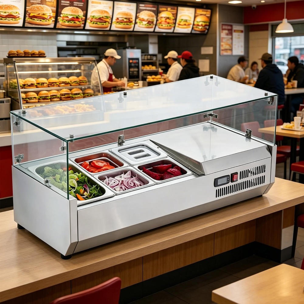 38″ Countertop Condiment Refrigerated Salad Sandwich Prep Station w/Glass Shield