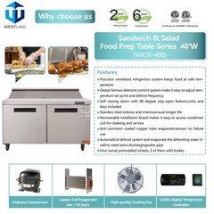 Stainless Steel 48′ 2-Door Salad Sandwich Prep Table Refrigerator 12 Pans