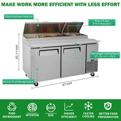 67″ Double Door Stainless Steel Commercial Refrigerated Salad Pizza Prep Table