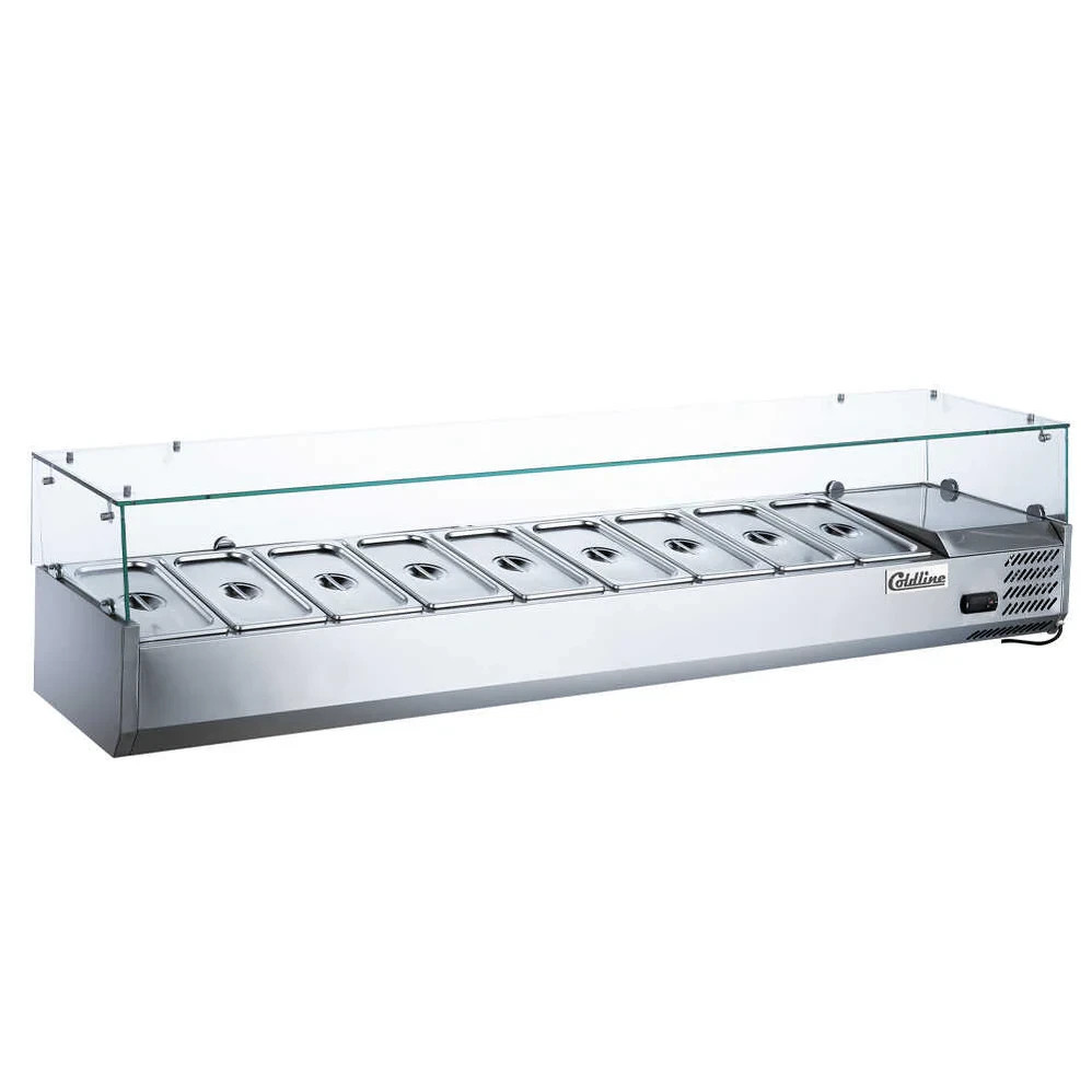 80” Refrigerated Countertop Salad Bar, Glass Topping Rail, 9 Pans