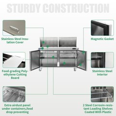 60″ Mega Top Sandwich Prep Table, ICECASA 3 Door Food Bain Marie Cooler, 24 Pans